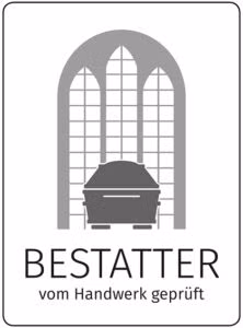 Eine Graustufengrafik eines Sarges steht vor hohen gewölbten Kirchenfenstern. Darunter ist der deutsche Text "BESTATTER vom Handwerk geprüft" zu sehen, der Himml Vorsorge in großen und kleinen Buchstaben hervorhebt.