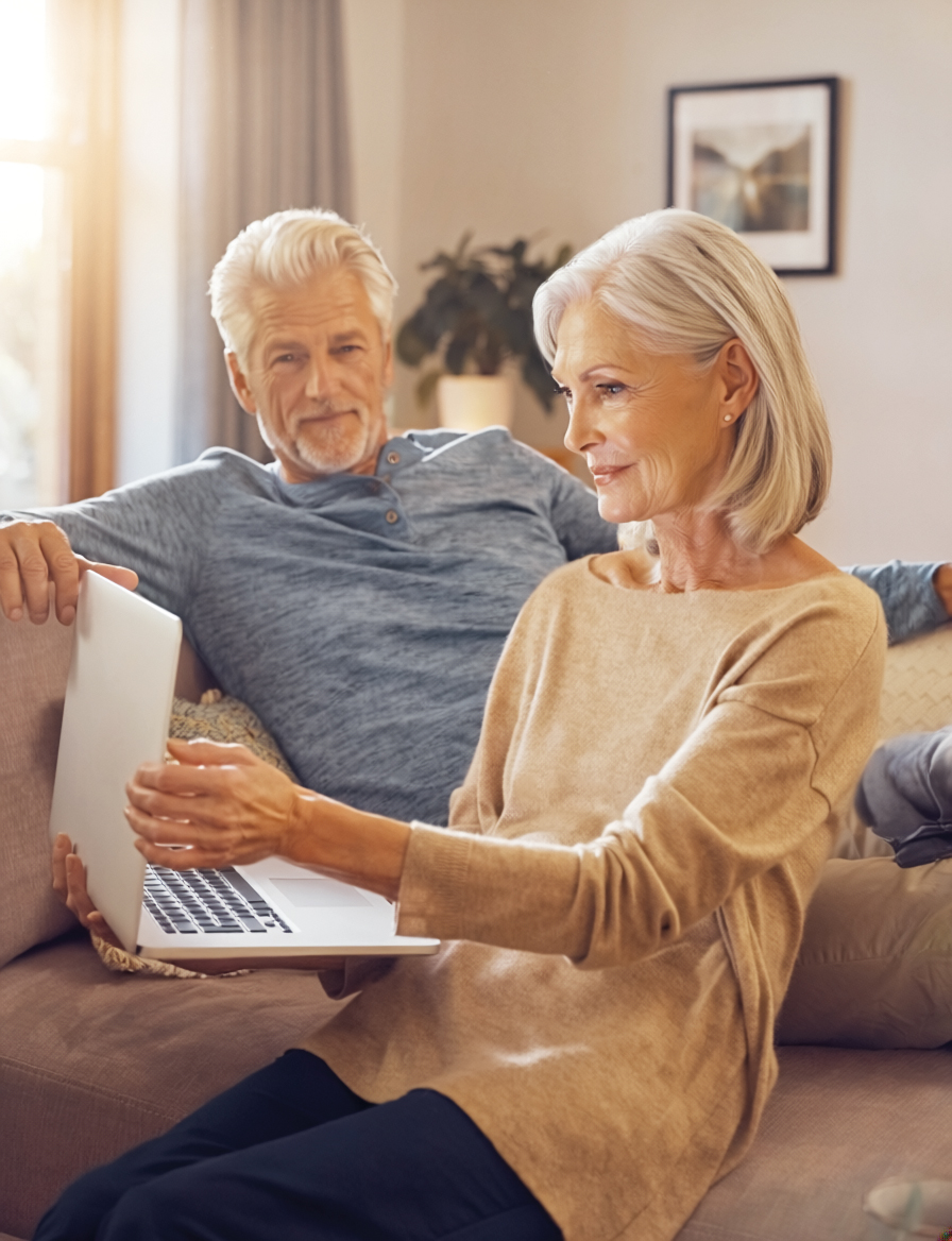 Eine ältere Frau sitzt auf einer Couch und benutzt ihren Laptop, um einen Online-Vorsorgeberater zu konsultieren, während ein älterer Mann neben ihr sitzt und zusieht. Sie wirken entspannt in einem gemütlichen, sonnendurchfluteten Wohnzimmer.