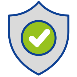 Ein graues, blau umrandetes Schild mit einem grünen Kreis in der Mitte, der ein weißes Häkchen enthält, das Sicherheit oder Schutz symbolisiert.
