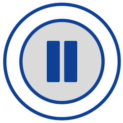 Ein blaues Pausensymbol mit zwei vertikalen Balken innerhalb eines grauen Kreises, umgeben von zwei blauen konzentrischen Kreisen auf hellem Hintergrund.
