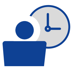 Blaues Symbol einer Person, die an einem Schreibtisch sitzt, mit einer großen Uhr im Hintergrund, die Arbeitszeiten oder Zeitmanagement symbolisiert.