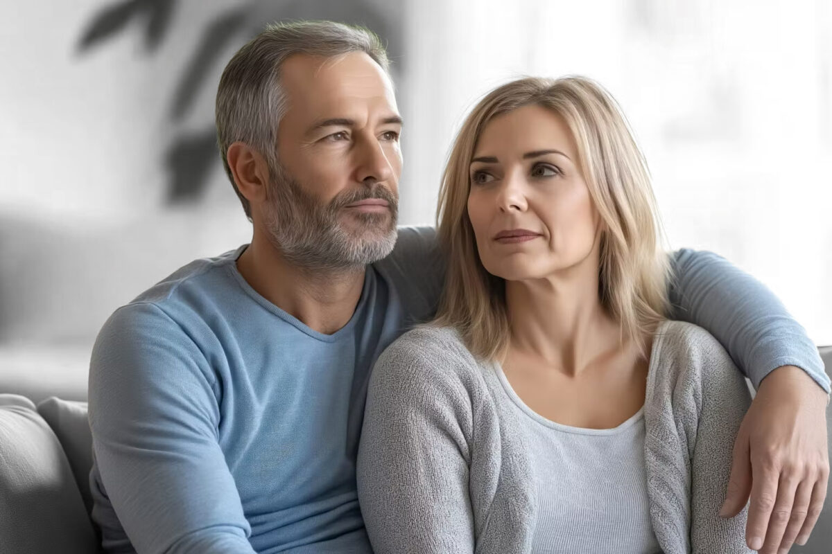 Ein Paar mittleren Alters sitzt eng beieinander auf einem Sofa und blickt nachdenklich in die Ferne. Beide tragen helle Pullover und haben einen ruhigen, entspannten Gesichtsausdruck in einer sanft beleuchteten, gemütlichen Umgebung.