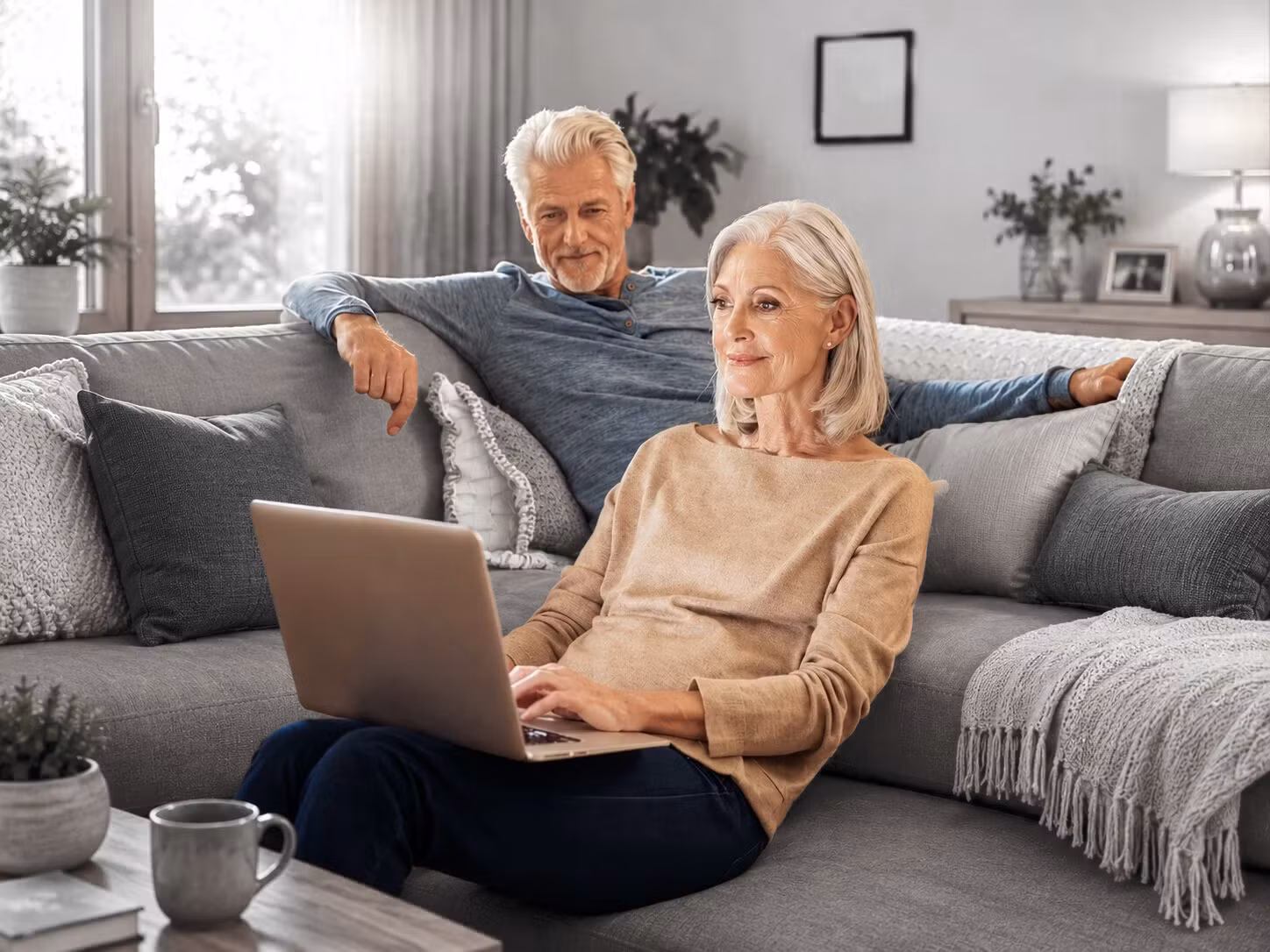 Eine ältere Frau sitzt auf einem Sofa und arbeitet an einem Laptop, während ein älterer Mann neben ihr sitzt und ihr dabei zusieht. In ihrem gemütlichen, hell beleuchteten Wohnzimmer mit einer Einrichtung in neutralen Farbtönen und weichen Polstermöbeln informieren sie sich gemeinsam über Himml Vorsorge und treffen wohlüberlegte Entscheidungen für ihre Zukunft.
