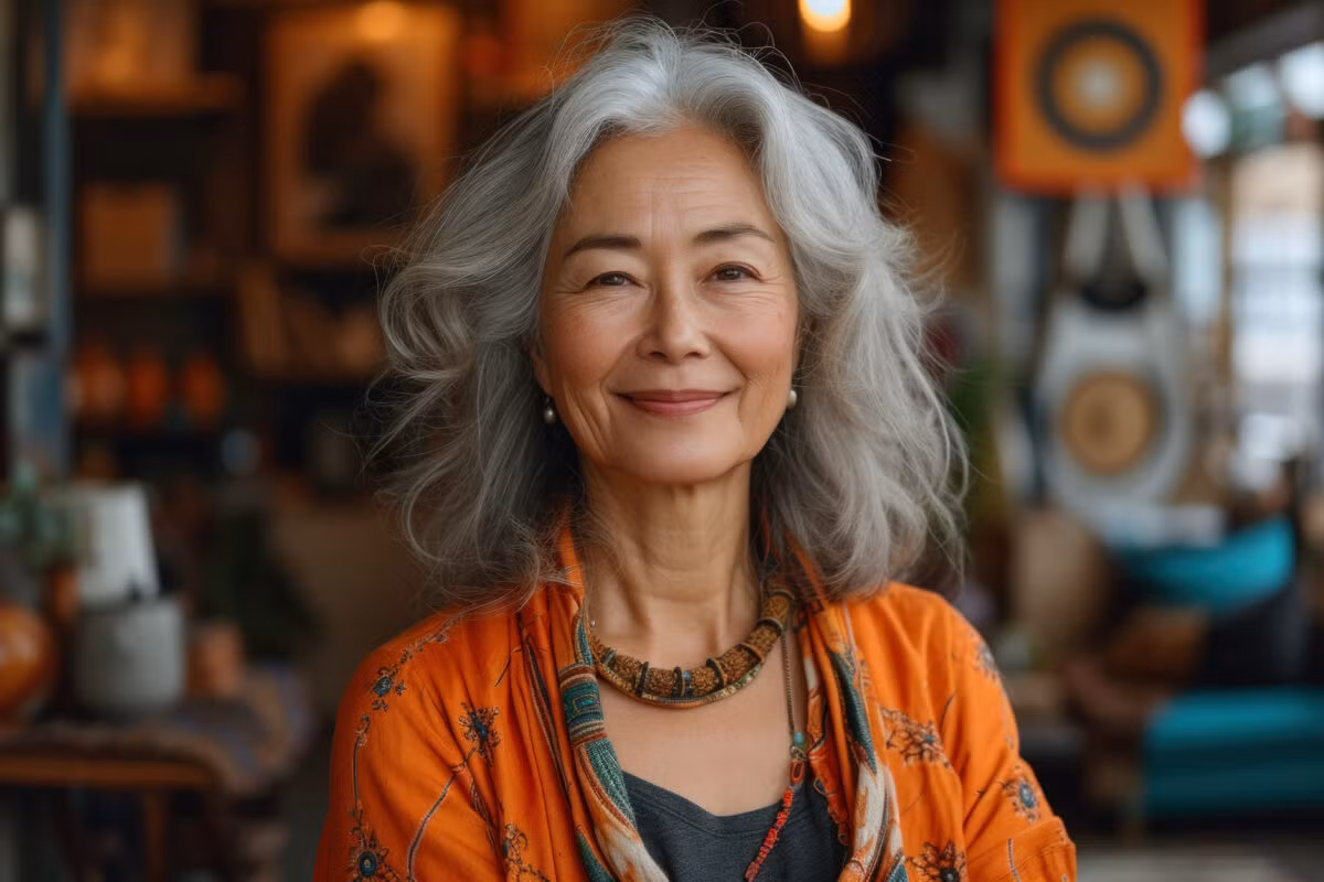 Porträt einer reifen asiatischen Frau mit grauen Haaren, die drinnen lächelt. Sie trägt einen bunten Schal und orangefarbene Kleidung und vermittelt Selbstvertrauen, Positivität, Stil und Wärme.